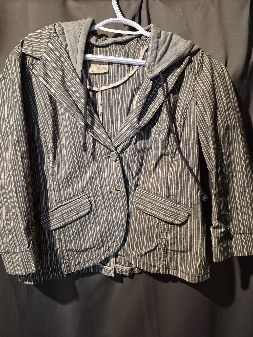 Free People Striped Hooded Blazer Jacket - Gray and White